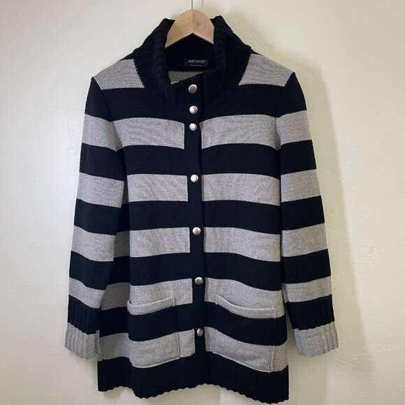 Saint James Wool Black Gray Sailor Stripe Fisherman Cardigan Sweater Size US 12 - Picture 1 of 16